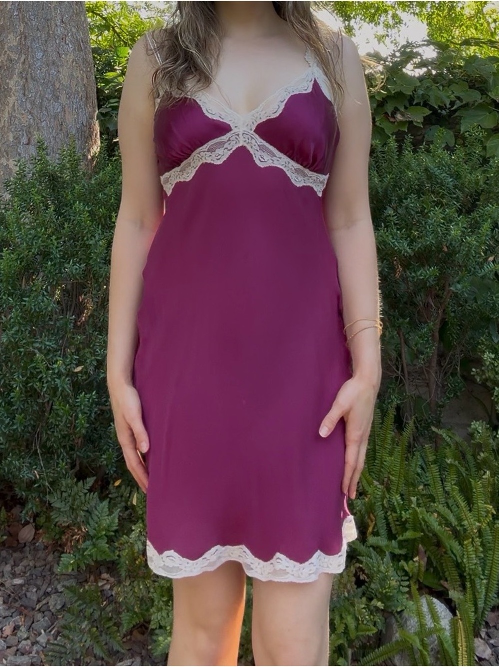 Hillard & Hanson Plum Satin Slip with Cream Lace Trim